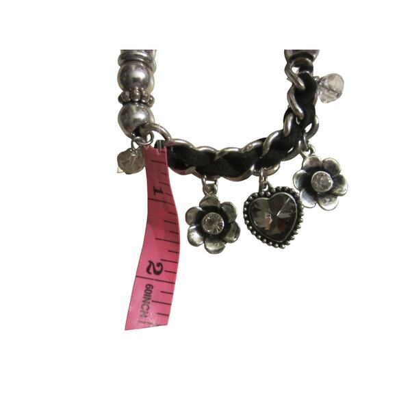 Silver Beaded Charm Bracelet w/ Crystal Heart & Flower Dangles - Picture 7 of 8